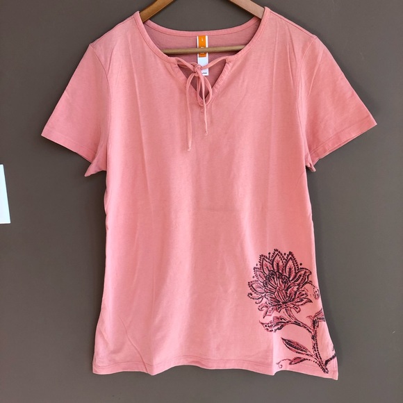 Lucy Tops - Lucy Peach Tie Front Short Sleeve Floral Shirt L